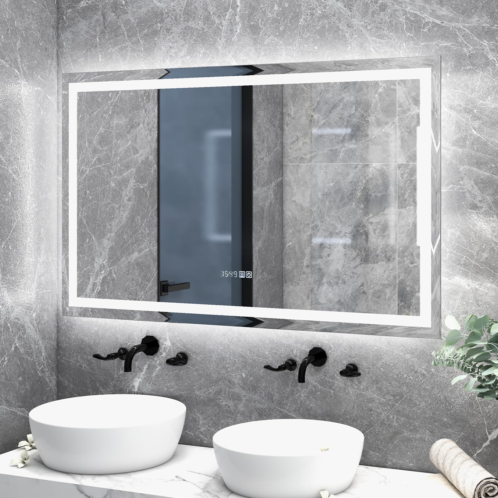 Tangkula LED Bathroom Mirror, Wall Mounted Rectangle Mirror w/ 3-Color Dimmable Lights, Time/Temp Display, Anti-Fog